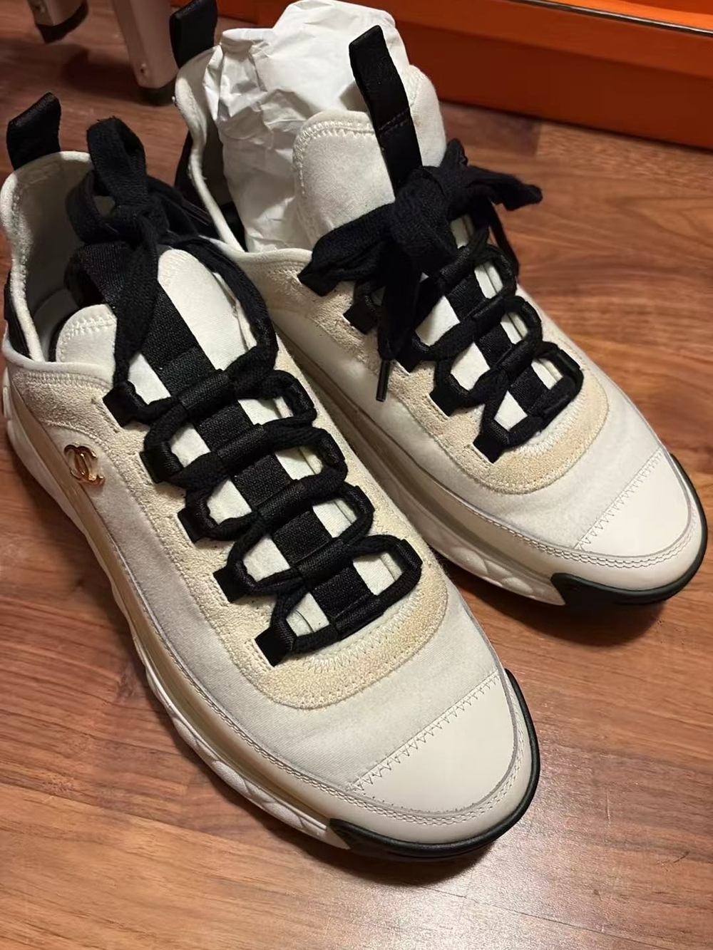 Chanel Women White and Black Lace-Up Sneakers